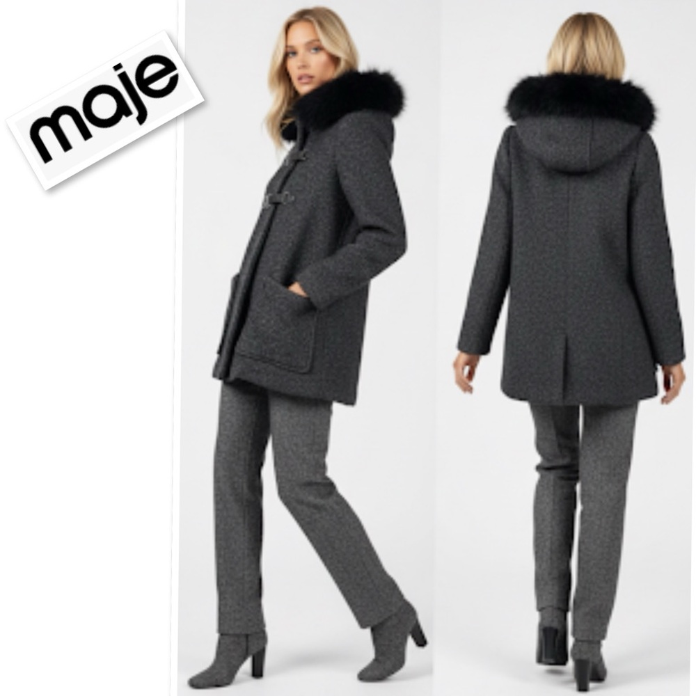 Maje Duffle Coat “Soiled” Wool/Cashmere Blend Jacket Grey/Black Tweed Sz 38Fr